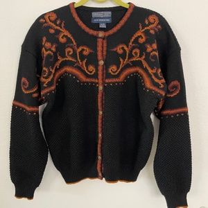 Herman Geist Hand Embroidered Wool Cardigan Sweater Black Rust Size Large